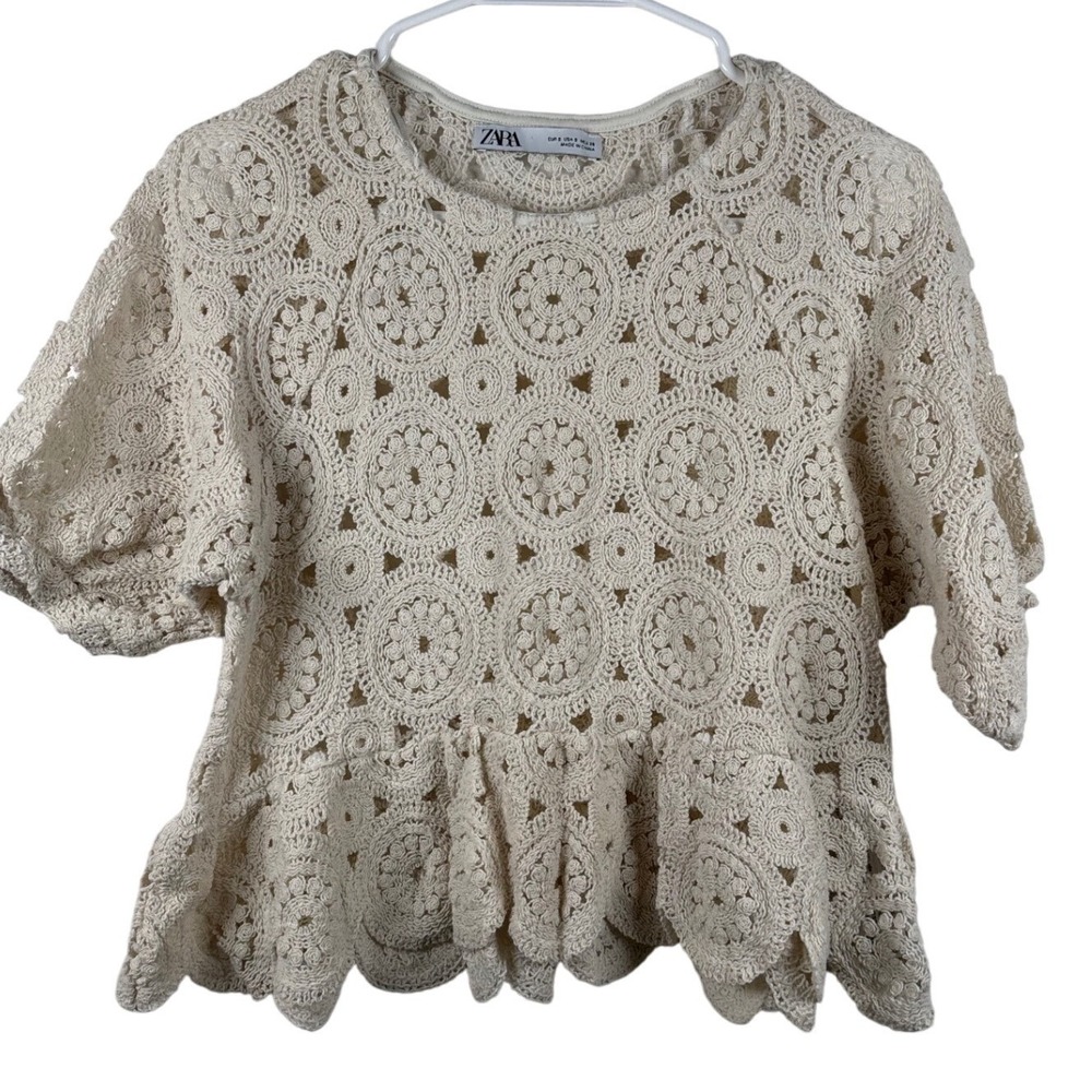 ZARA Crochet Small Round Medallion Peplum Top Short Sleeve Cream Beige White - Picture 3 of 8
